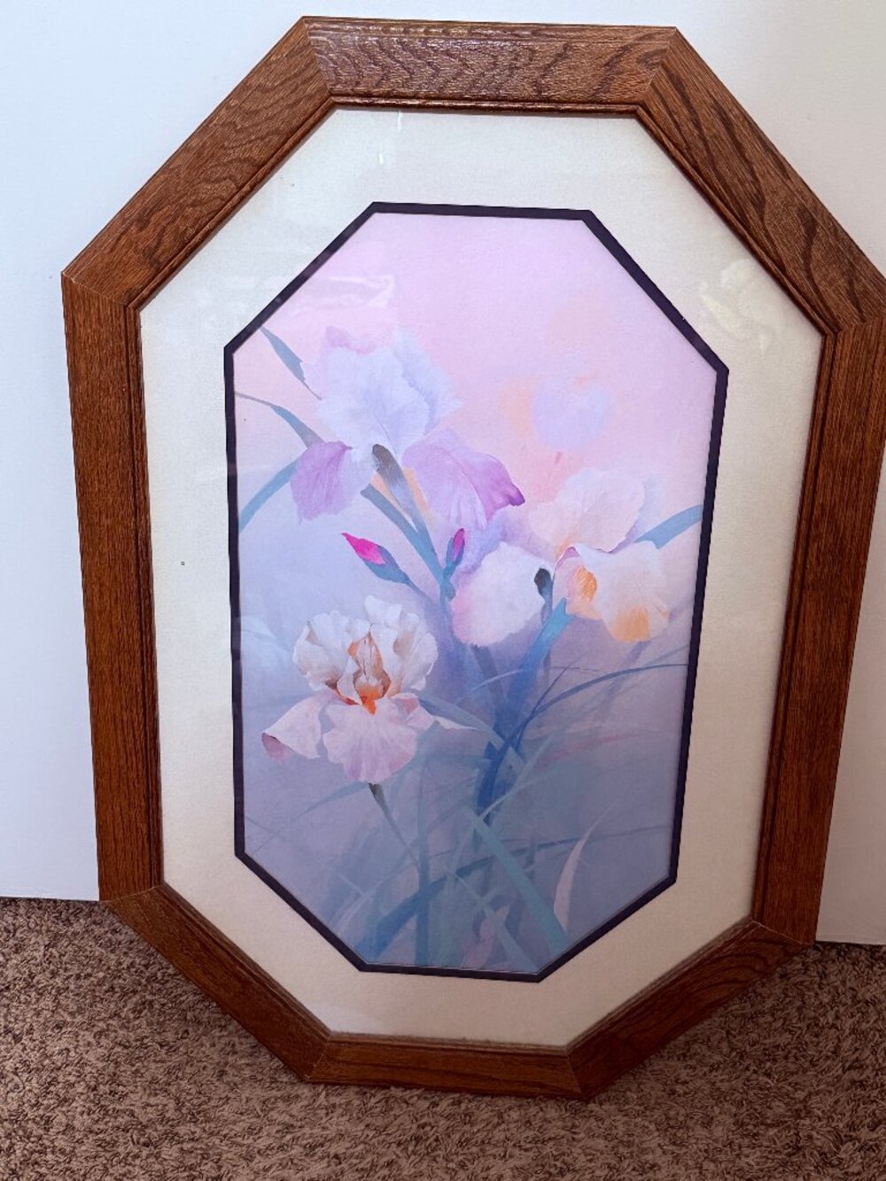 Vintage 1980s Octagon Framed Iris Floral Pastel Art Print